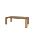 Rectangular solid wood dining table with angled apron detail and block legs in a warm golden-brown finish.