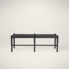 A minimalist black wood bench with a woven black leather seat, featuring clean lines and an open-frame base.