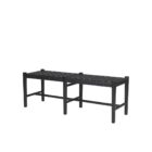 A minimalist black wood bench with a woven black leather seat, featuring clean lines and an open-frame base.