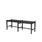 A minimalist black wood bench with a woven black leather seat, featuring clean lines and an open-frame base.
