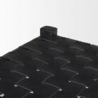 A minimalist black wood bench with a woven black leather seat, featuring clean lines and an open-frame base.
