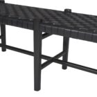 A minimalist black wood bench with a woven black leather seat, featuring clean lines and an open-frame base.