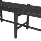 A minimalist black wood bench with a woven black leather seat, featuring clean lines and an open-frame base.