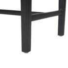 A minimalist black wood bench with a woven black leather seat, featuring clean lines and an open-frame base.