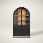 A tall arched black wood cabinet with open shelving and a black metal frame, featuring natural wood interior and closed bottom doors.