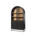 A tall arched black wood cabinet with open shelving and a black metal frame, featuring natural wood interior and closed bottom doors.