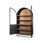 A tall arched black wood cabinet with open shelving and a black metal frame, featuring natural wood interior and closed bottom doors.