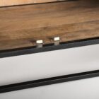 A tall arched black wood cabinet with open shelving and a black metal frame, featuring natural wood interior and closed bottom doors.