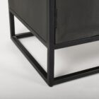 A tall arched black wood cabinet with open shelving and a black metal frame, featuring natural wood interior and closed bottom doors.