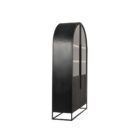 A tall arched black wood cabinet with open shelving and a black metal frame, featuring natural wood interior and closed bottom doors.