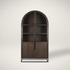 Tall arched cabinet in dark brown wood with black metal frame and glass panel doors – Mercana Sloan Cabinet