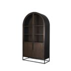 Tall arched cabinet in dark brown wood with black metal frame and glass panel doors – Mercana Sloan Cabinet