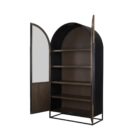 Tall arched cabinet in dark brown wood with black metal frame and glass panel doors – Mercana Sloan Cabinet