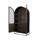 Tall arched cabinet in dark brown wood with black metal frame and glass panel doors – Mercana Sloan Cabinet