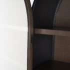Tall arched cabinet in dark brown wood with black metal frame and glass panel doors – Mercana Sloan Cabinet