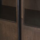 Tall arched cabinet in dark brown wood with black metal frame and glass panel doors – Mercana Sloan Cabinet