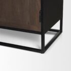 Tall arched cabinet in dark brown wood with black metal frame and glass panel doors – Mercana Sloan Cabinet