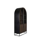 Tall arched cabinet in dark brown wood with black metal frame and glass panel doors – Mercana Sloan Cabinet