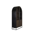 Tall arched cabinet in dark brown wood with black metal frame and glass panel doors – Mercana Sloan Cabinet