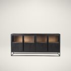 Black wood and metal-framed sideboard with four glass-front cabinets and natural wood interior.