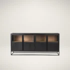 Black wood and metal-framed sideboard with four glass-front cabinets and natural wood interior.