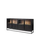 Black wood and metal-framed sideboard with four glass-front cabinets and natural wood interior.