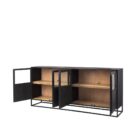 Black wood and metal-framed sideboard with four glass-front cabinets and natural wood interior.