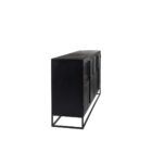 Black wood and metal-framed sideboard with four glass-front cabinets and natural wood interior.