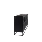 Black wood and metal-framed sideboard with four glass-front cabinets and natural wood interior.