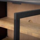 Black wood and metal-framed sideboard with four glass-front cabinets and natural wood interior.