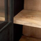 Black wood and metal-framed sideboard with four glass-front cabinets and natural wood interior.