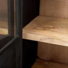 Black wood and metal-framed sideboard with four glass-front cabinets and natural wood interior.