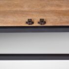 Black wood and metal-framed sideboard with four glass-front cabinets and natural wood interior.