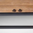 Black wood and metal-framed sideboard with four glass-front cabinets and natural wood interior.