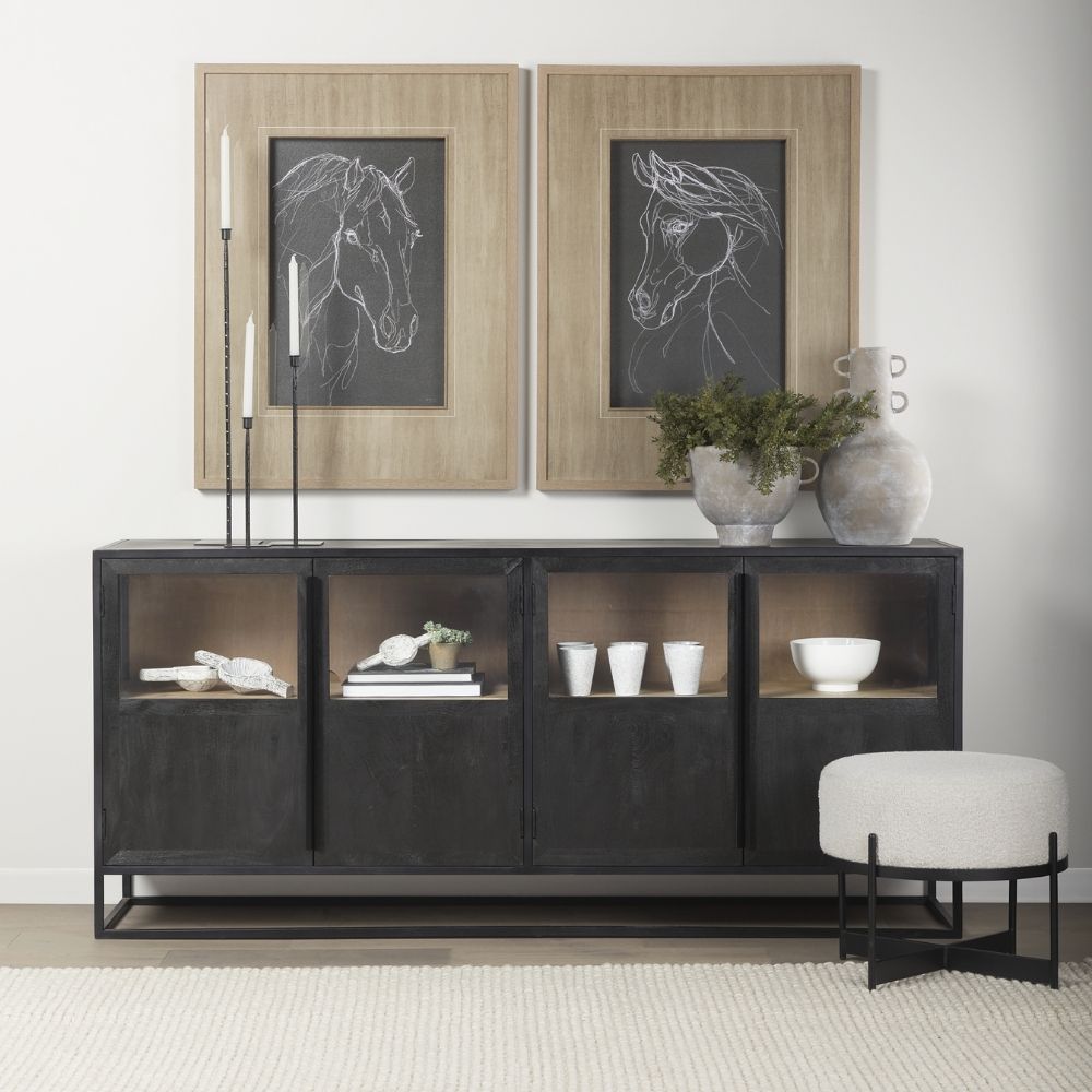 Black wood and metal-framed sideboard with four glass-front cabinets and natural wood interior.