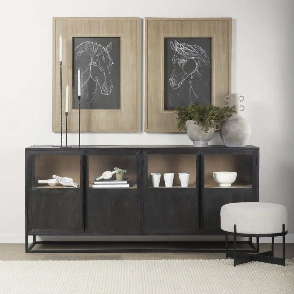 Black wood and metal-framed sideboard with four glass-front cabinets and natural wood interior.