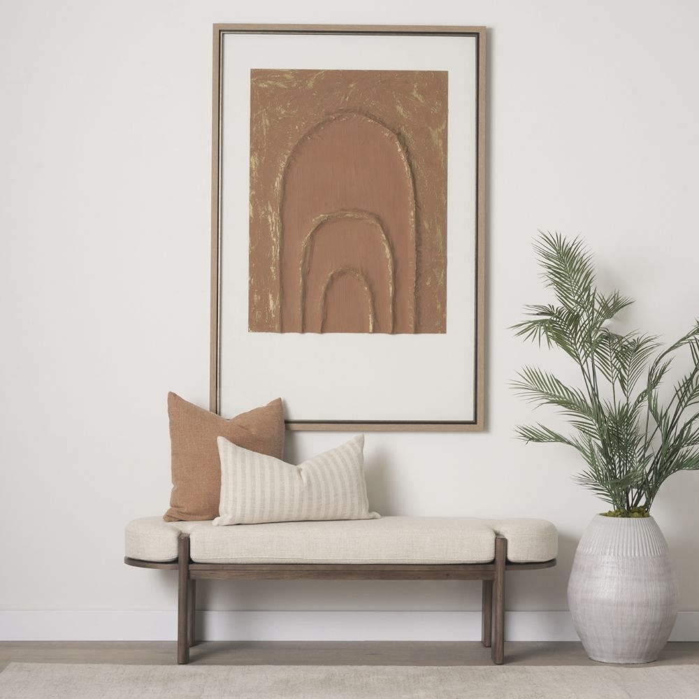 Modern wood-framed bench with rounded edges and a neutral upholstered cushion.