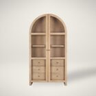 Light natural wood arched cabinet with glass doors, three shelves, and six lower drawers.