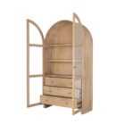 Light natural wood arched cabinet with glass doors, three shelves, and six lower drawers.