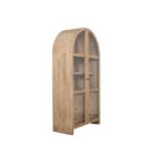 Light natural wood arched cabinet with glass doors, three shelves, and six lower drawers.