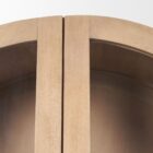 Light natural wood arched cabinet with glass doors, three shelves, and six lower drawers.