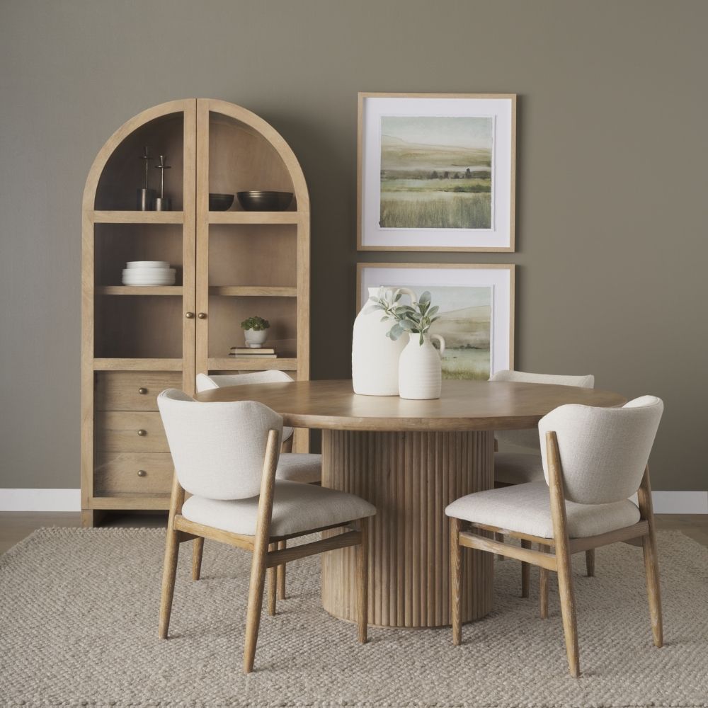 Light natural wood arched cabinet with glass doors, three shelves, and six lower drawers.