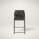 Black leather and metal frame bar stool with minimalist silhouette and slim profile.