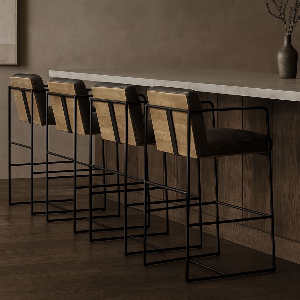 Black leather and metal frame bar stool with minimalist silhouette and slim profile.