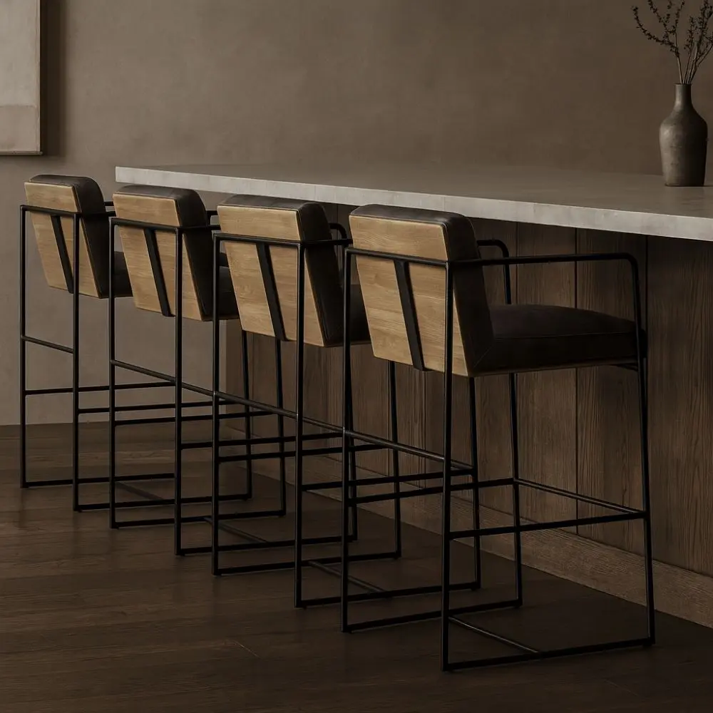 Black leather and metal frame bar stool with minimalist silhouette and slim profile.