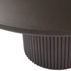 Round dark wood dining table with fluted cylindrical pedestal base.