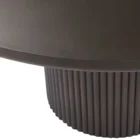 Round dark wood dining table with fluted cylindrical pedestal base.