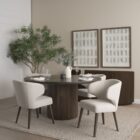 Round dark wood dining table with fluted cylindrical pedestal base.
