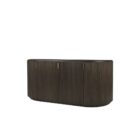 Dark fluted wood sideboard with rounded corners and brass handles.