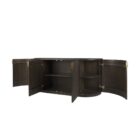 Dark fluted wood sideboard with rounded corners and brass handles.